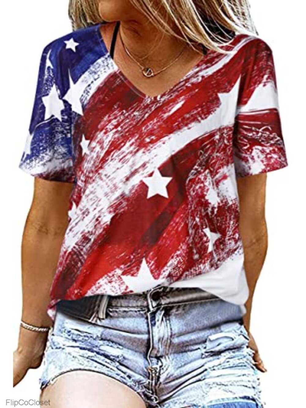 American Flag V Neck T Shirt USA Star Stripes Fourth July Casual Tee